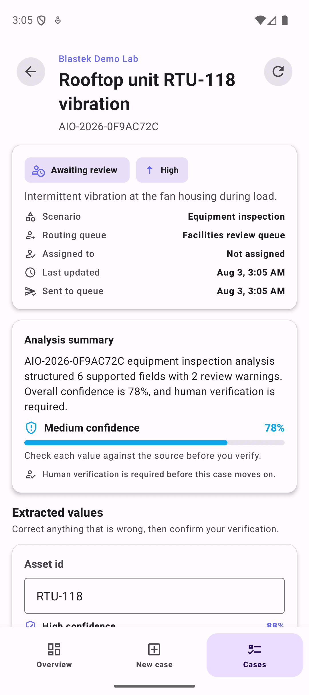 Blastek mobile AI Field Assistant showing an analysis summary with confidence and extracted values.