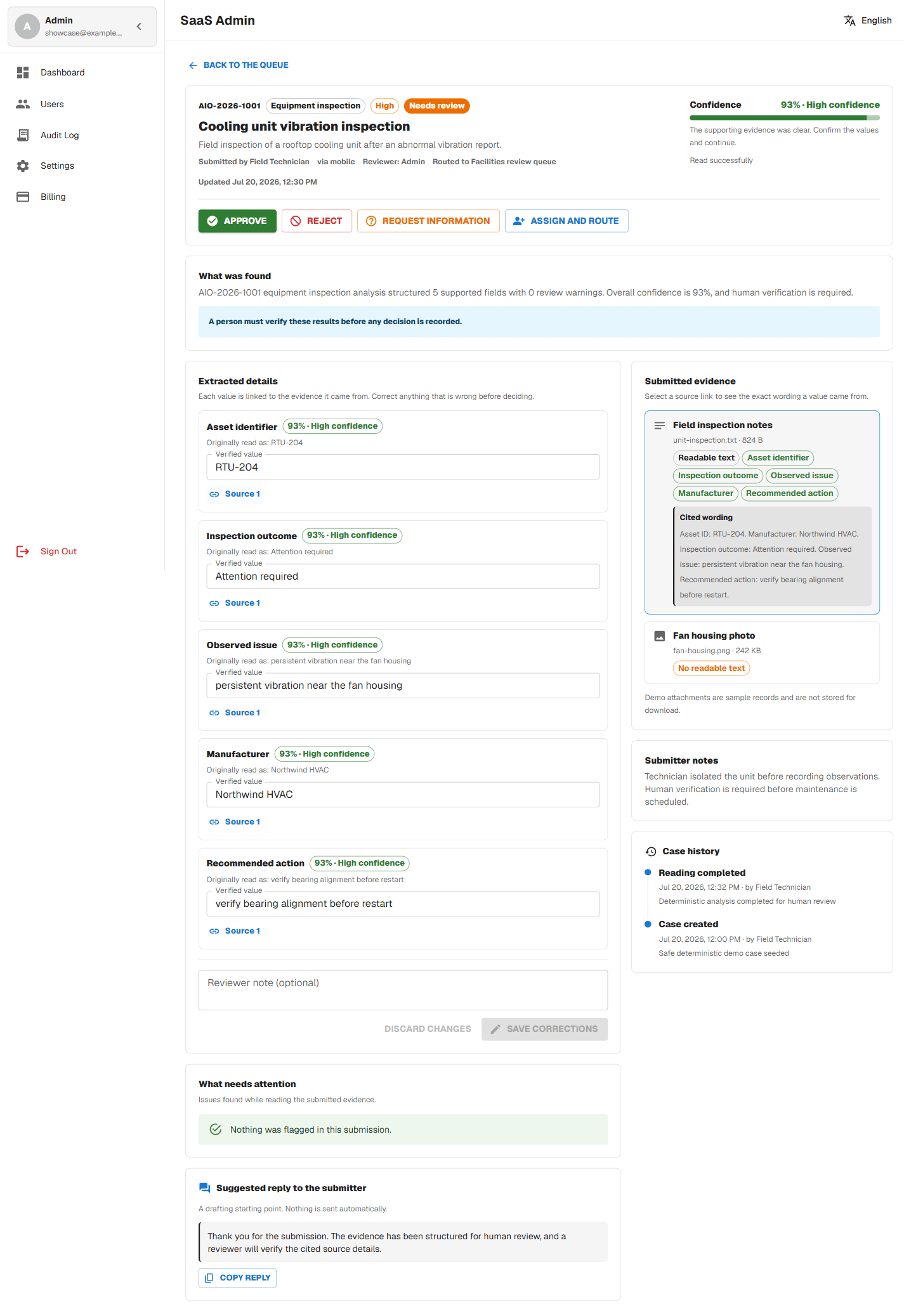 AI Operations case review showing extracted values, confidence, and the cited source excerpt.