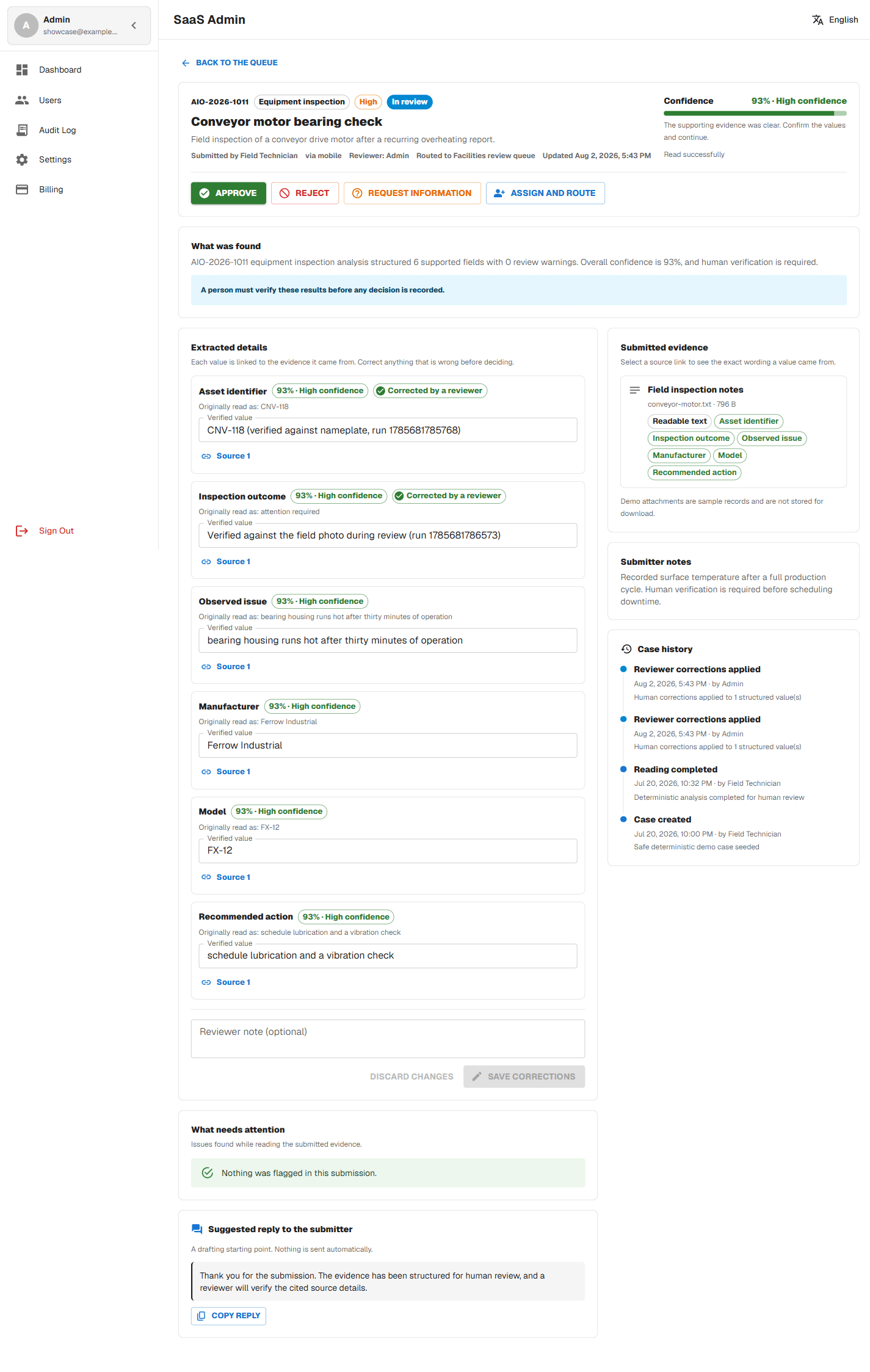 AI Operations case with two separate reviewer corrections recorded on different fields.