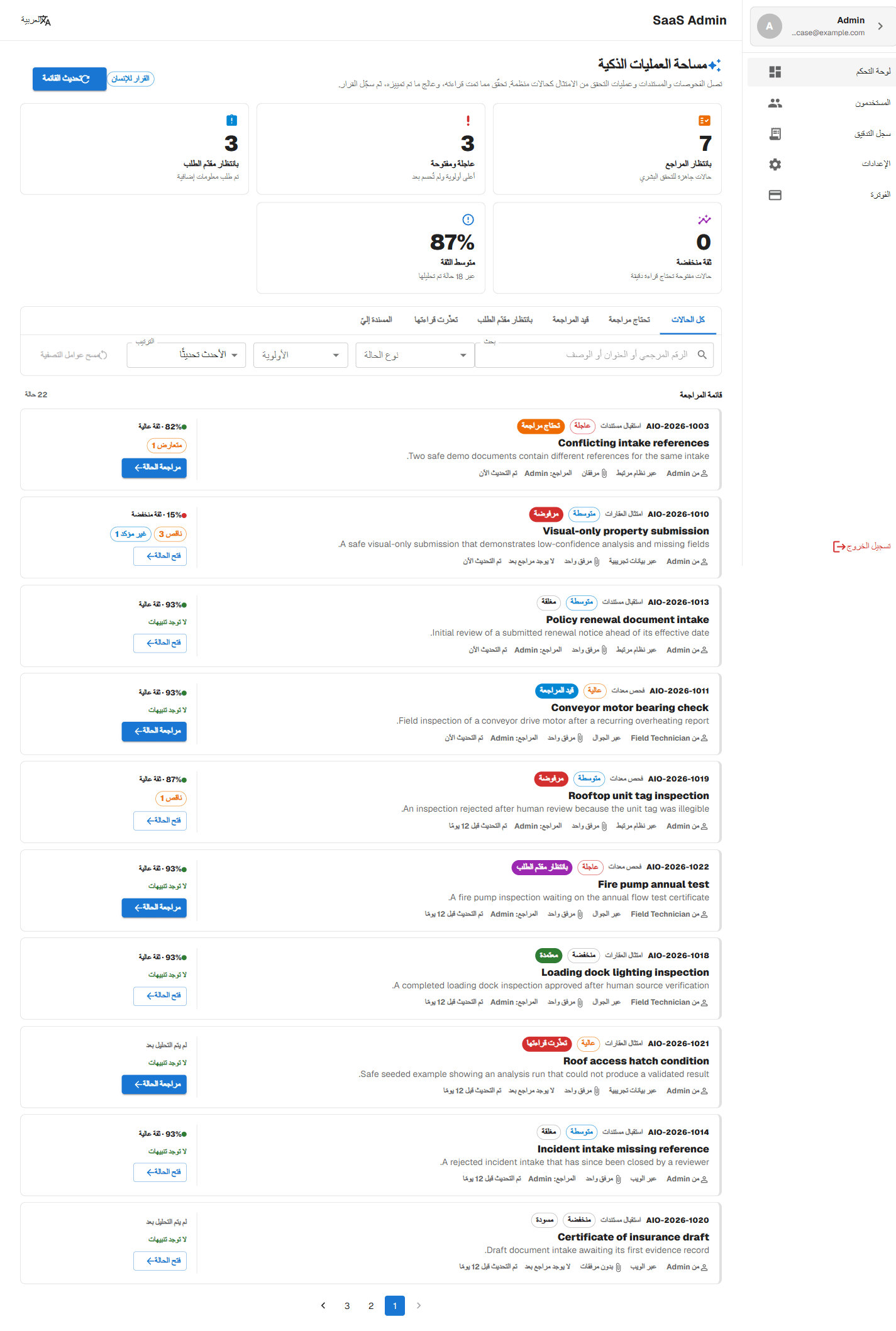AI Operations reviewer queue rendered in Arabic with a right-to-left layout.