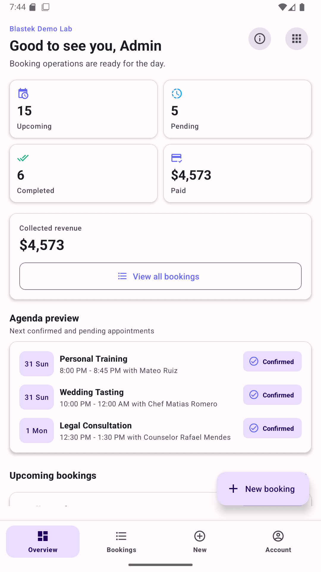 Blastek Demo Lab Booking mobile overview with agenda preview and booking metrics.