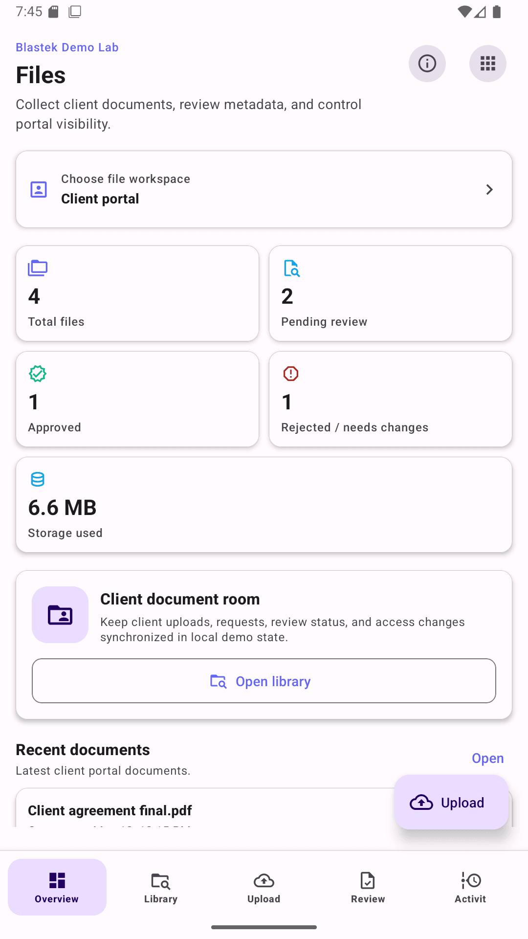 Blastek Demo Lab Files mobile overview with document and review metrics.