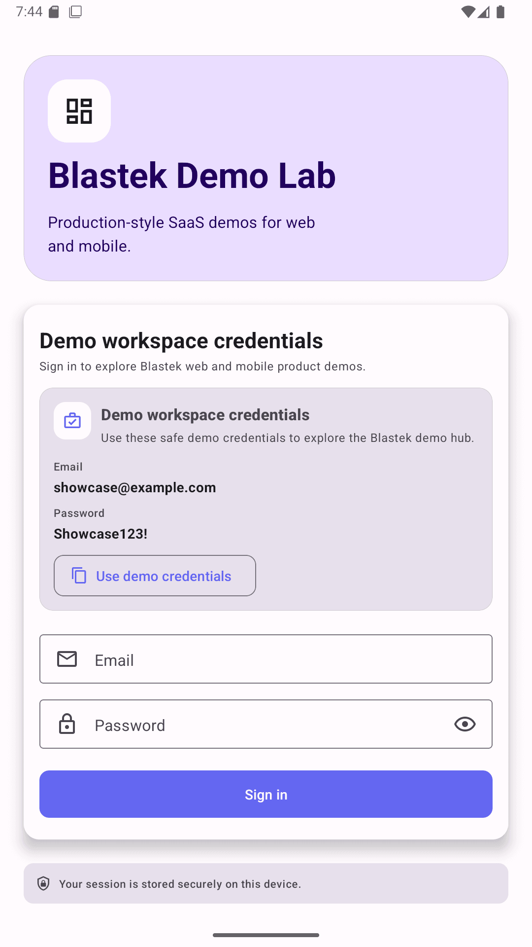 Blastek Demo Lab mobile login screen with safe demo workspace credentials.