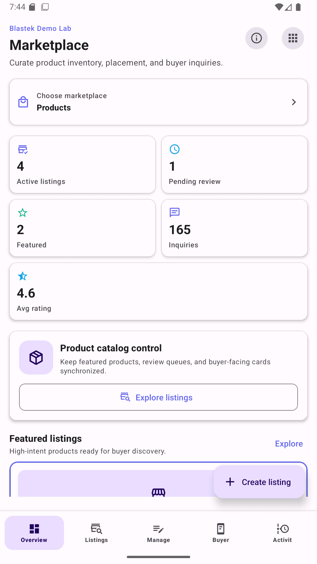 Blastek Demo Lab Marketplace mobile overview with listings and inquiry metrics.